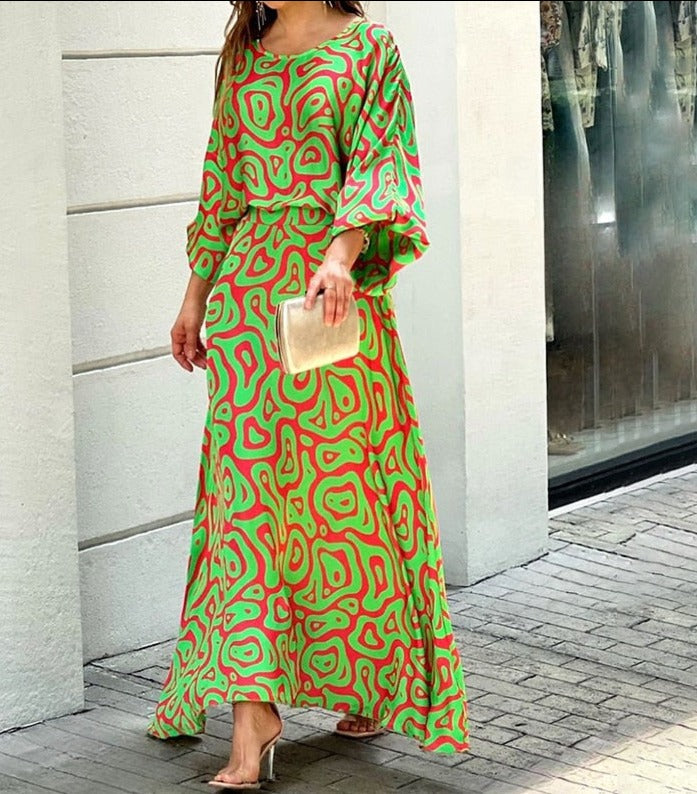 Women Two Piece Set Crew Neck Print Long Lantern Sleeve Top Elegant Dress High Streetwear Casual Beach Suit