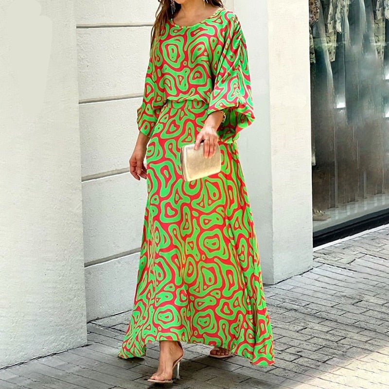 Women Two Piece Set Crew Neck Print Long Lantern Sleeve Top Elegant Dress High Streetwear Casual Beach Suit