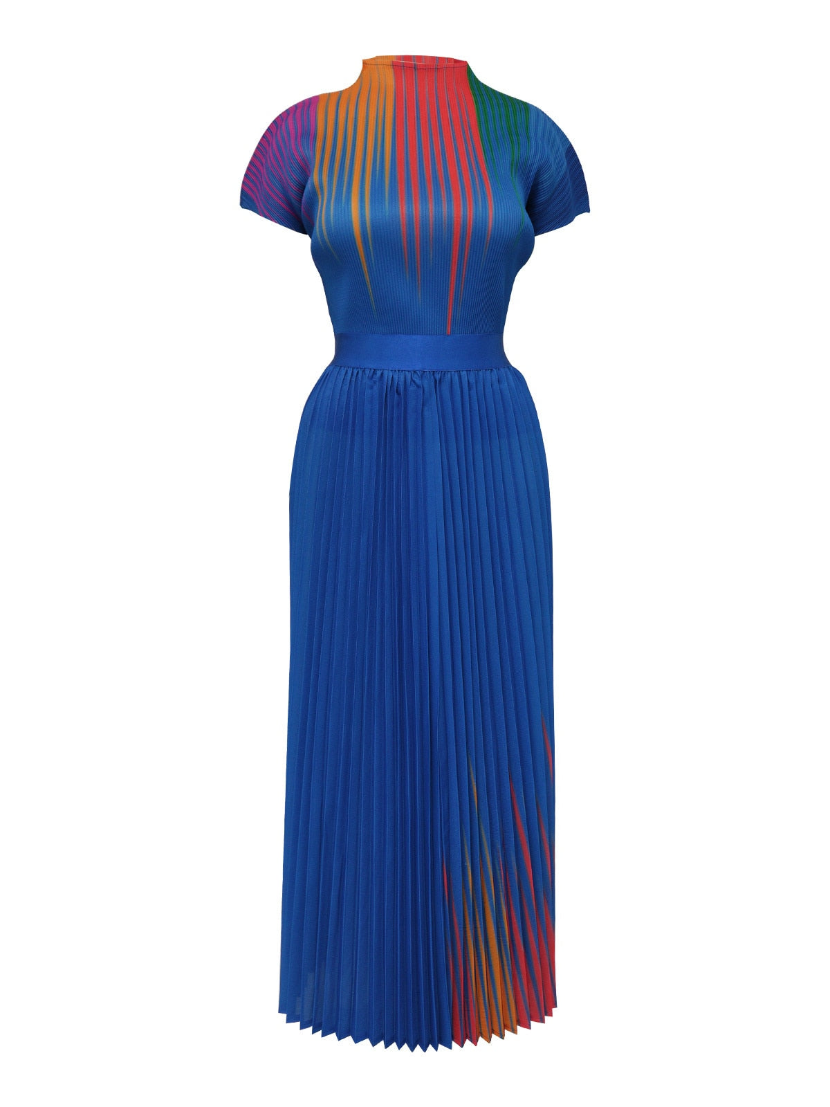 Long Pleated Dress Sets Women 2 Piece Outfits Summer Short Sleeve Gardient Print Swing Skirt Set Elegant Casual New In