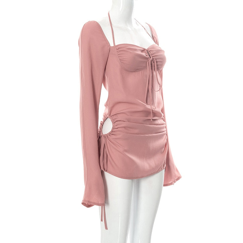 Sixsr Going Out Outfits Spring Elegant Cut Out Halter Bodycon Mini Dress Women Sexy Flare Long Sleeve Drawstring Backless Party Dresses
