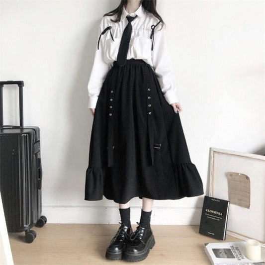 Spring/Autumn Women Skirts High Waist Student Korean Style Dark Vintage Ruffle Long A-line Skirts Women Fashion