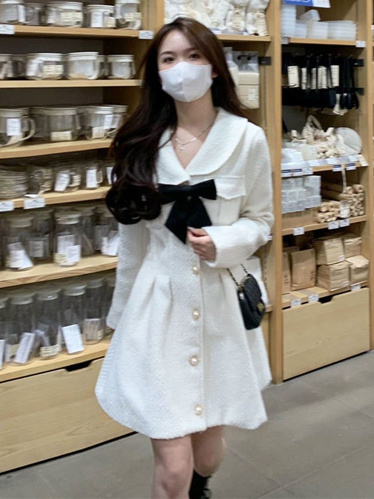 sixsr Fall Fashion Sweet Kawaii Lolita White Dress Women Japanese Soft Peter Pan Collar Cute Short Dresses Elegant Autumn Bow