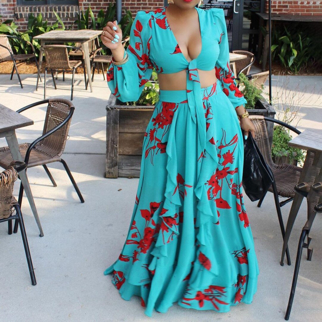 sixsr Summer Fashion African Women Long Sleeve V-neck Polyester Printing Yellow Orange Green Two Pieces Sets Top and Long Skirts