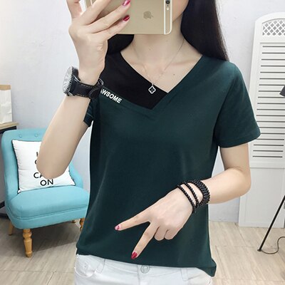 sixsr Fake Two Piece Tops Women T-Shirt Off Shoulder Tshirt Short Sleeve V-Neck Korea Fashion Summer Cotton Tee Shirt Femme