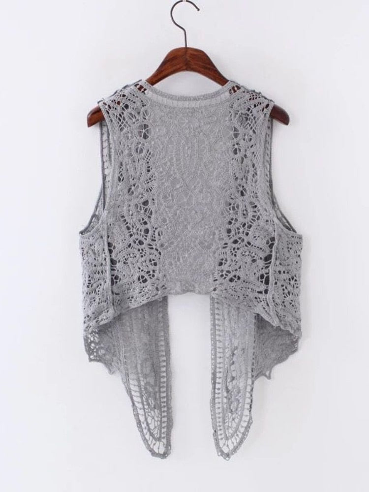 sixsr Asymmetric Open Stitch Cardigan Summer Beach Boho Hippie People Style Crochet Knit Embroidery Blouse sleeveless Vest