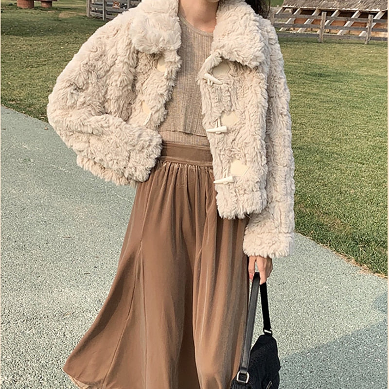 Elegant Winter Plush Jacket Women Warm Kawaii Korean Fashion Office Ladies Coat All-Match Vintage Harajuku Girls Cardigan