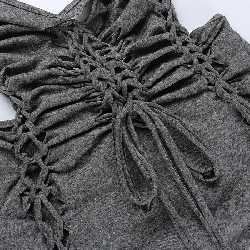 Dark Gray Hollow Out Mini Dress Sexy Drawstring Bandage Backless Summer Dresses for Women Birthday Party Clubwear