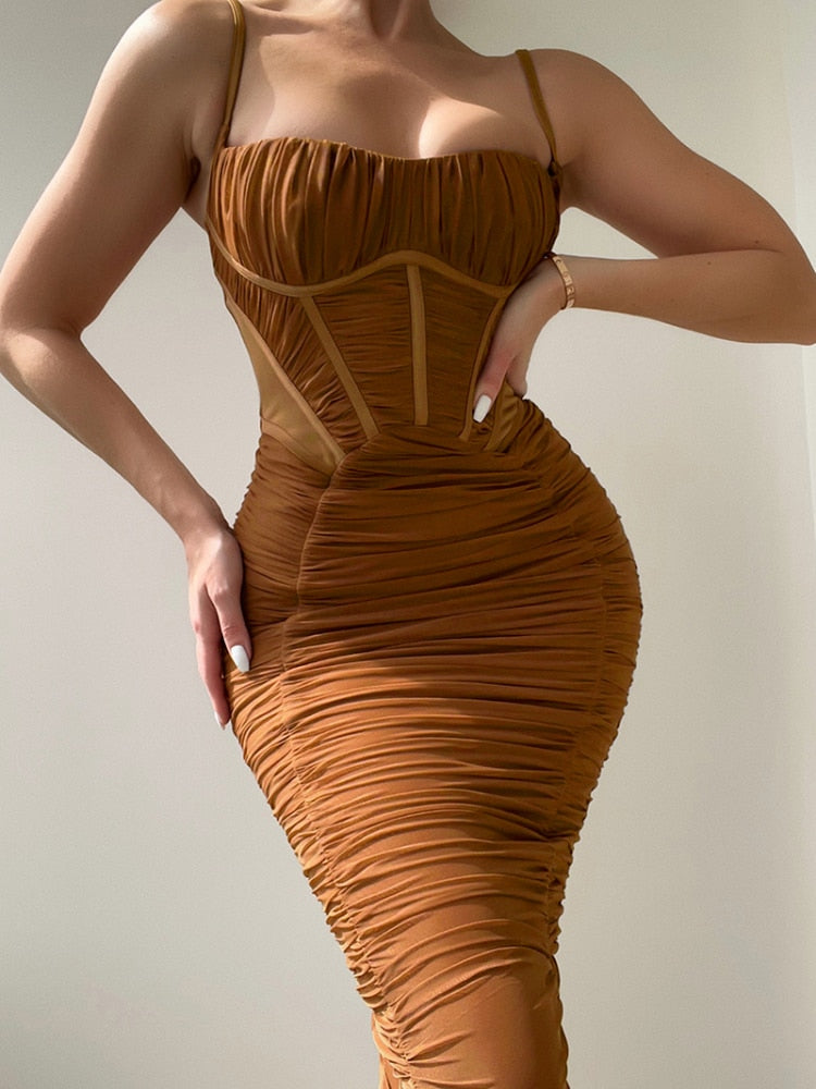 Summer Woman Dress Ruched Maxi Dress Bodycon Mesh Sexy Dress Stretchy Spaghetti Strap Dresses Elegant Long Evening Party Dresses