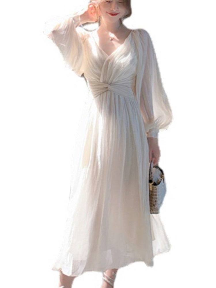 Summer French Elegant Party Dress Women Long Sleeve Casual Fairy Midi Dress Evening Vintage One Piece Dress Korean Fashion