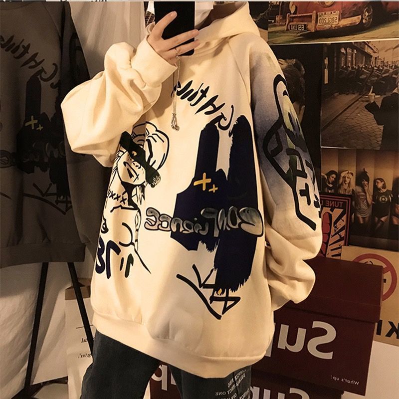 Sixsr Autumn and winter Korean style trend plus fleece hooded sweater men graffiti hip-hop all-match loose printed coat couple sweater