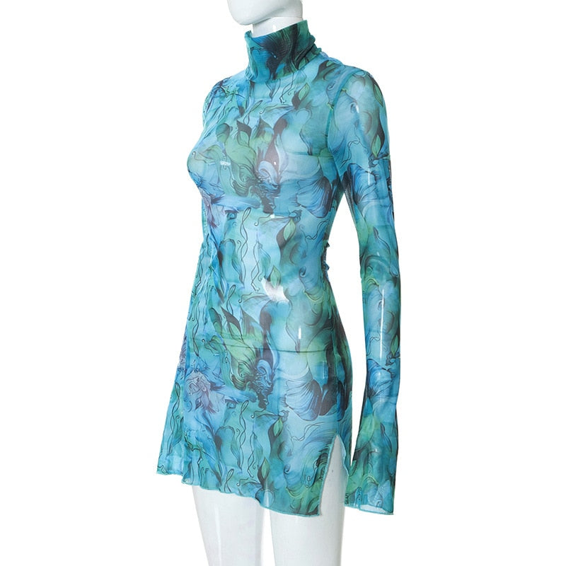 Long Sleeve Printed Tie Dye Bodycon Mini Dress Women Autumn Elegant Party Evening Sexy Fashion Casual Slim Vacation Dresses