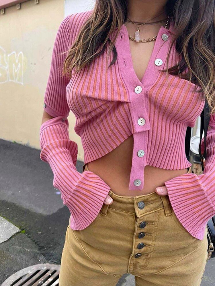 sixsr Fashion Trends Single Breasted Knitted Sweater Women Sexy Long Sleeve Asymmetrical Cardigans Solid Turn Down Collar Autumn Fashion Tops