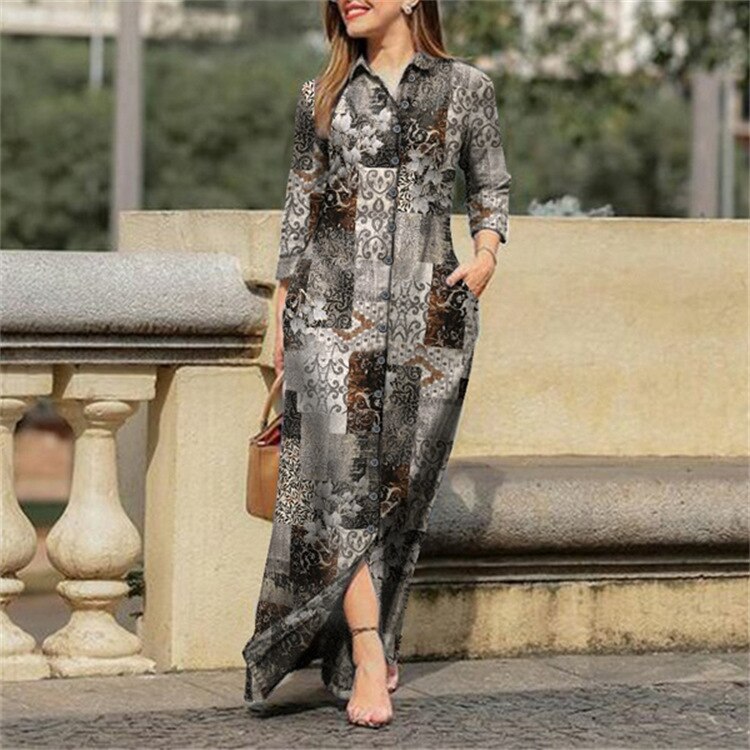 sixsr Fall Outfits Autumn Vintage Floral Printed Cotton Dress Women Casual Lapel Collar Button Up Dresses Bohemian Vestidos Long Robe