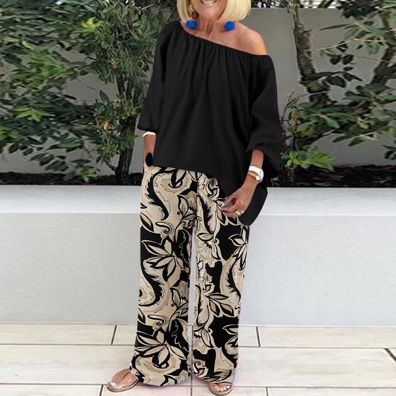 Pants Sets Fashion One Shoulder 3/4 Sleeve Tops Floral Print Wide Leg Trouser Women Two Piece Sets Casual Loose Suit