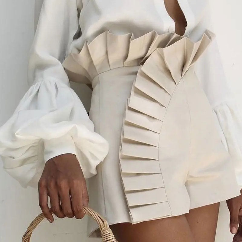 Women's Bottom Ruffle Hem Shorts Pleated High Waist Solid New Fashion Pant Elegant Summer Casual Female Clothing Outfits