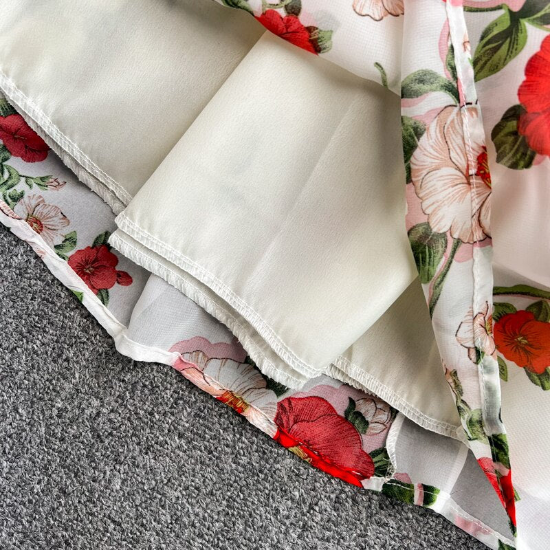 Sixsr Summer Outfits Ladies French Retro V-neck Floral Women Dress Elegant Draped Flowers Short Puff Sleeves Slim Fairy Mid-calf A-line Dress