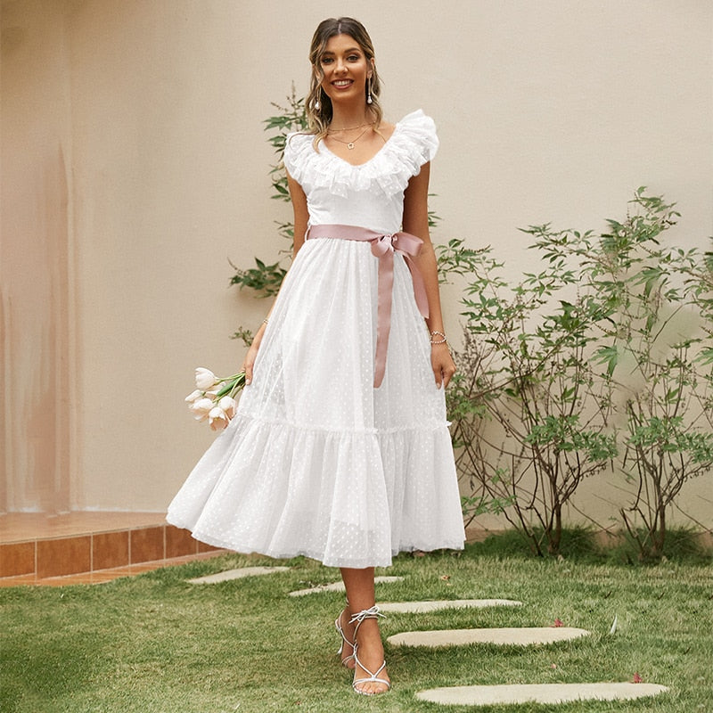 sixsr Fashion Trends V-neck mesh polka dot summer tulle party dress women Backless pink ruffle sleeveless dresses Elegant sash maxi vestido