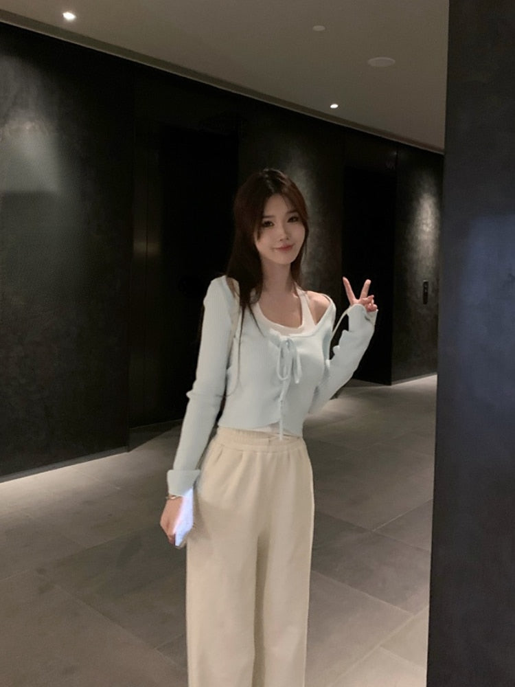 Pure Color Fake Two Pullover Korean Style Y2k Crop Tops Woman Slim Causal Long Sleeve Knitted Sweater Clothing Spring Chic