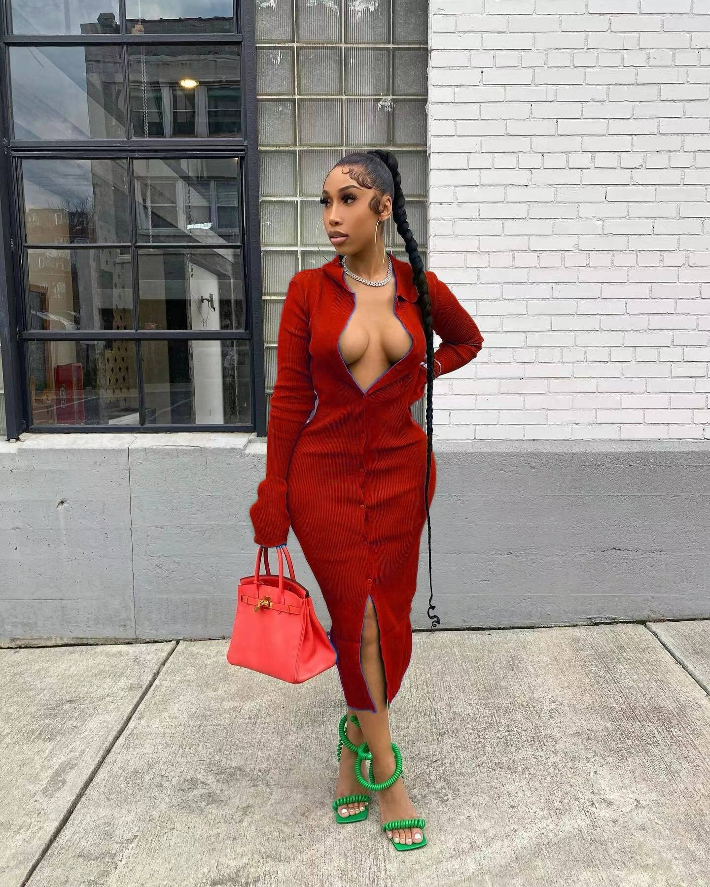 sixsr Womens Fashion Long Sleeve Knitted Button Midi Dress Turn Down Collar Slim Sexy Dresses Autumn Ribbed Robe Women Clothing Vestidos