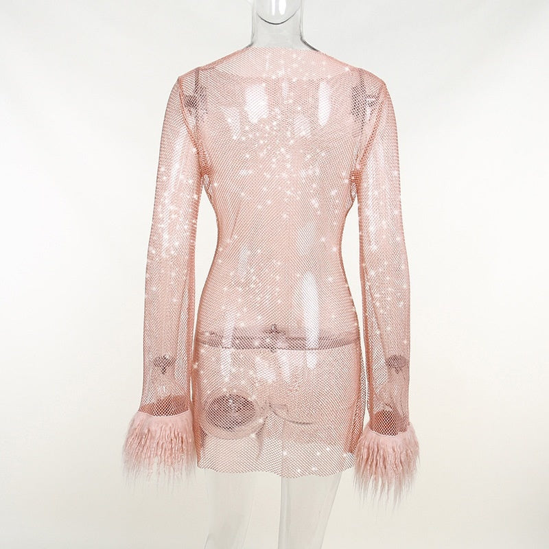 Round Collar See Through Dress Women Sexy Long Sleeve Elegant Female Clubwear Solid Mesh Tassel White Feather Mini Dress