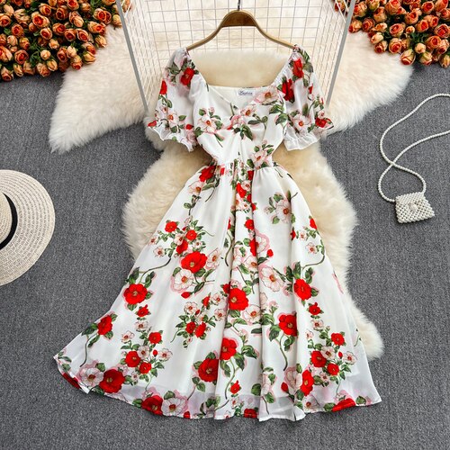 Sixsr Summer Outfits Ladies French Retro V-neck Floral Women Dress Elegant Draped Flowers Short Puff Sleeves Slim Fairy Mid-calf A-line Dress