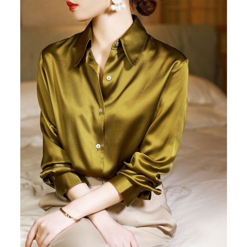 Sixsr Brand Quality Luxury Women Shirt Elegant Office Button Up Long Sleeve Shirts Momi Silk Crepe Satin Blouses for Women Fashion Business Ladies Top