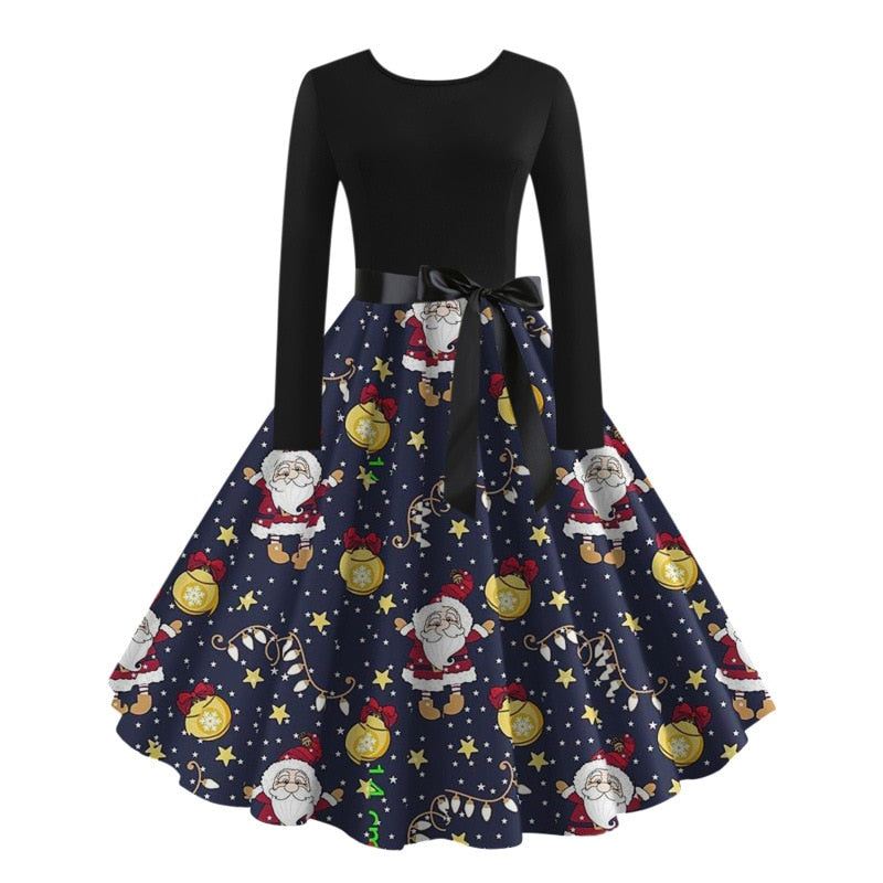 Christmas Halloween Costumes Retro Positioning Print Party Casual Long Sleeve Round Neck Swing Dress