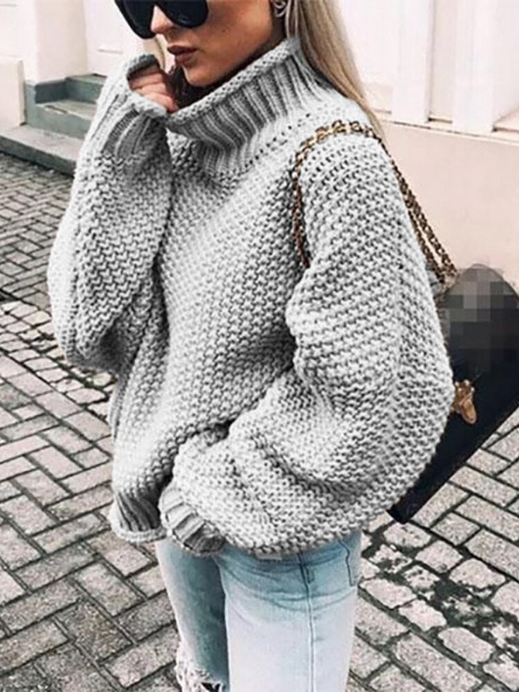 sixsr Womens Fall Fashion Sweater Women Autumn/Winter Turtleneck Doll Sleeve Loose Knit Sweater Fashion Women's Top Sweaters High Quality Thermal