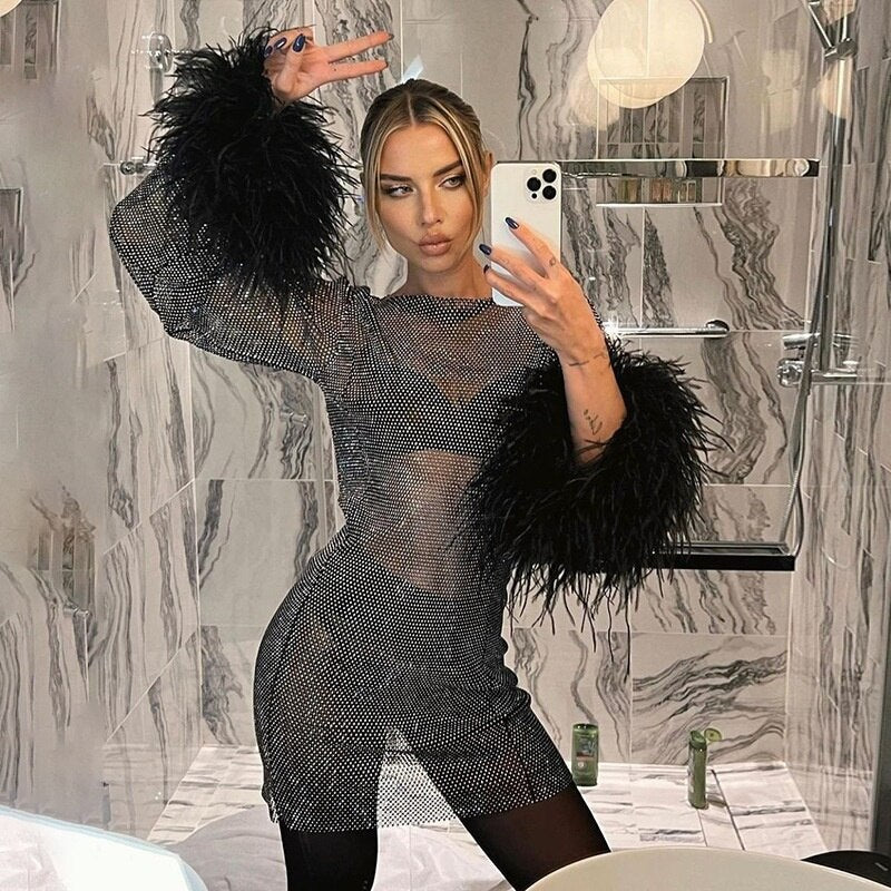 Round Collar See Through Dress Women Sexy Long Sleeve Elegant Female Clubwear Solid Mesh Tassel White Feather Mini Dress