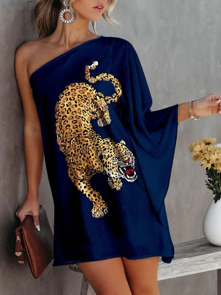 Sexy One-Shoulder Long Sleeve Party Dress Spring Vintage Halter Loose Irregular Dress Elegant Women Print Ruffle Dresses Vestido