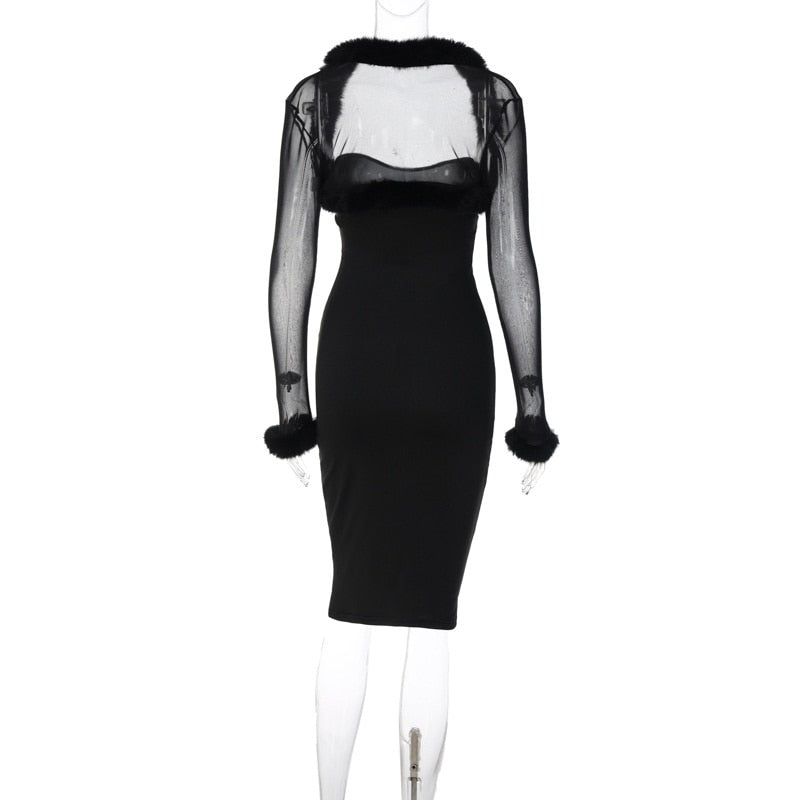 sixsr Black Villus Sexy Dress Women New Long Sleeve Bodycon Midi Autumn Winter Dress Elegant Club Party Dresses Vestido
