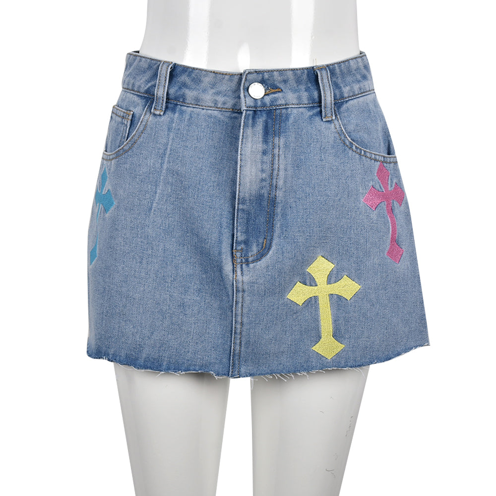 sixsr  Womens Fashion Denim Skirt Pattern Emboridery Tassel Pocket Zipper Straight Hot Women Bottoms Holiday Vocation Casual Wear Y2k Clothes