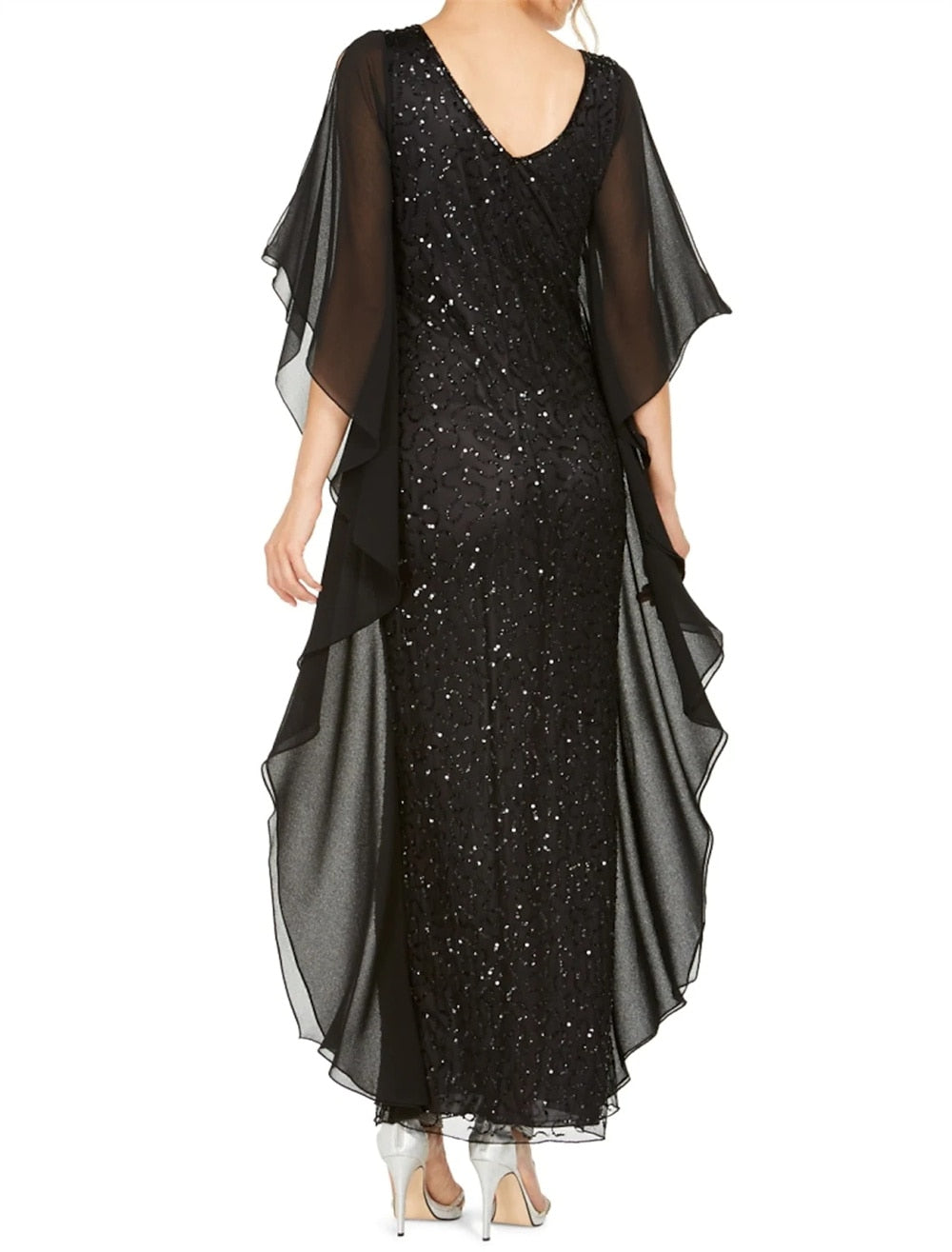 Sequins Mother of the Bride Dress Elegant V Neck Ankle Length Chiffon Half Sleeve with Ruching vestidos de boda invitada