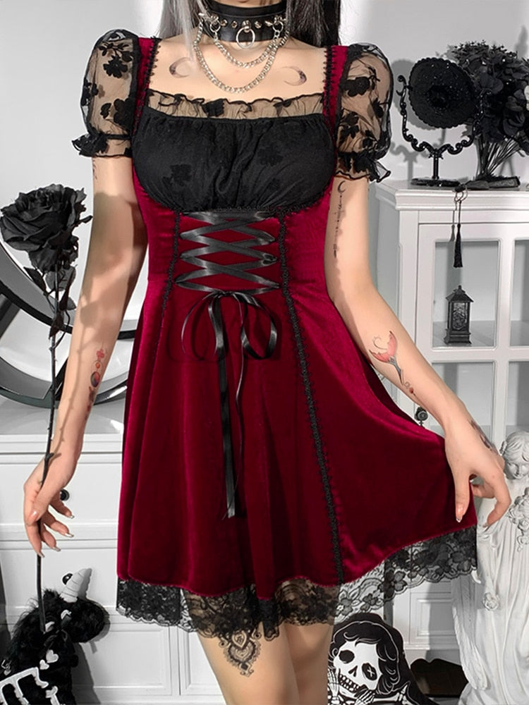 Sixsr Women Fashion Gothic Vintage Velvet Croset Dress Aesthetic Punk Hight Waist Lace Trim Mesh Mini Dresses Fairy Grunge Partyclub Dress