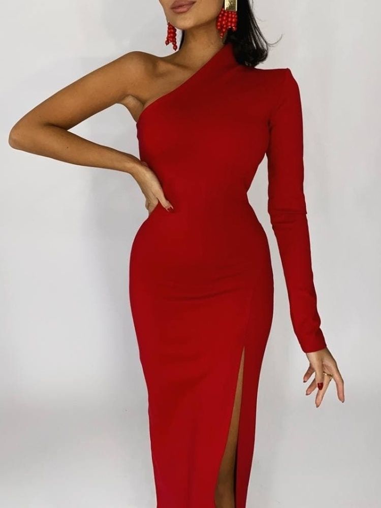 Long Elegant Dresses for Women Summer One Shoulder Maxi Dress Bodycon Sexy Black Slit Fomal Wedding Evening Party Dress