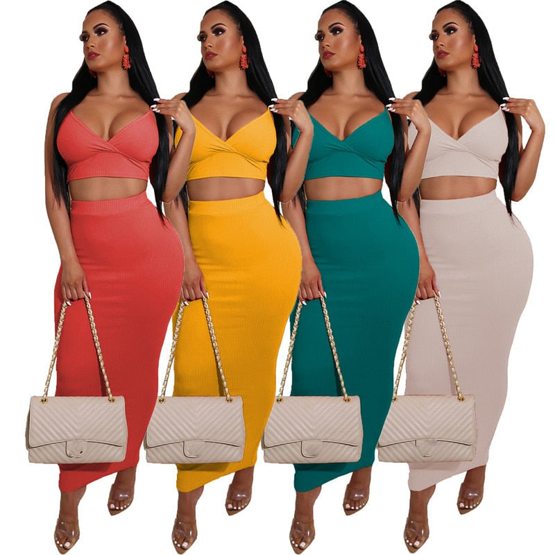 sixsr Sexy Two Piece Sets V-Neck Long Sleeve Crop Top Knitted Long Skirt Party Women Sets Wrap Club Bodycon 2 Pieces Outfits