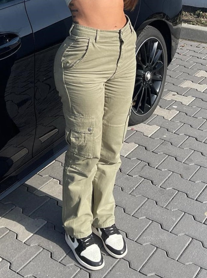 Sixsr Khaki Cargo Pants Jeans Women High Waist Slim Fashion Streetwear ArmyGreen Big Pockets Y2k Vintage Baggy Denim Trousers Overalls