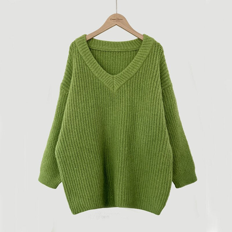 Green Oversized Sweaters for Women Fall Winter Korean Fashion Long Loose Pullovers V Neck Long Sleeve Jumpers