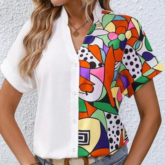 Women Tops Fashion Patchwork Color Shirt  New Summer Short Sleeve Blouse V-neck Casual Loose Clothes Blusa Mujer 26456