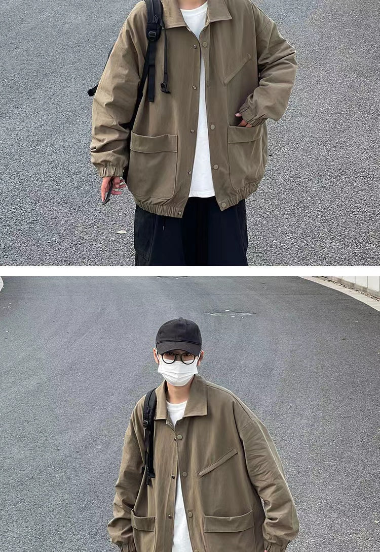 2024 Men's Japanese Vintage Lapel Collar Cargo Jackets Work Clothes Harajuku Loose Casual Coats Solid Color Outerwear M-2XL
