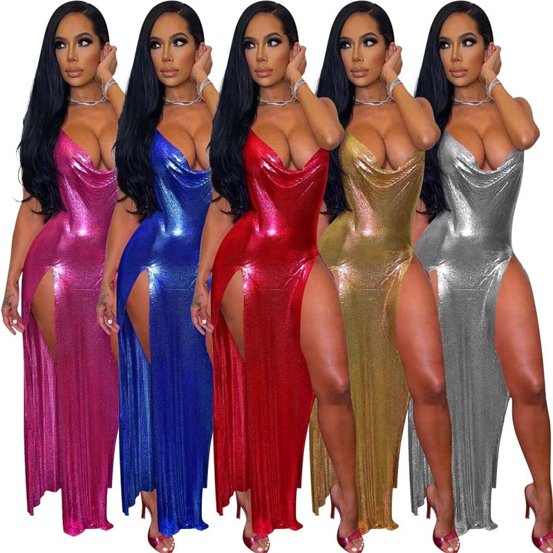 sixsr Sexy Glitter Metallic Off Shoulder Evening Dresses Women Night Party Festival Outfits Backless Side Split Long Dress Clubwear