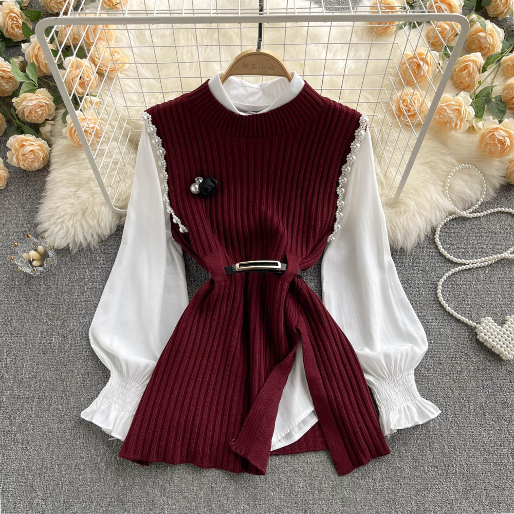 Sixsr Spring Outfits Women Sleeve White Shirt Fashion Two Piece Suit Red Cotton Sweater Vest Lady Casual Preppy Style White Belt