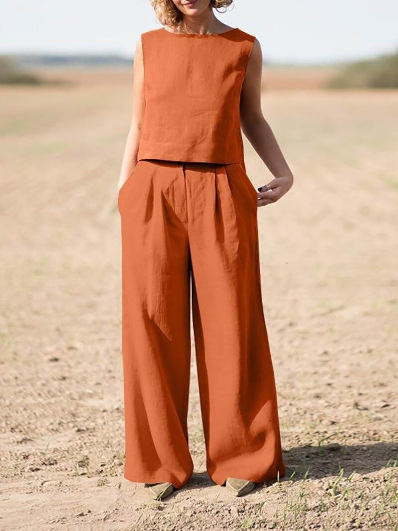 sixsr Summer Outfits Casual Summer Women Set Vintage Sleeveless Blouse O-Neck Top + Straight Wide Leg Pants Suit Two Piece Solid Color Sets