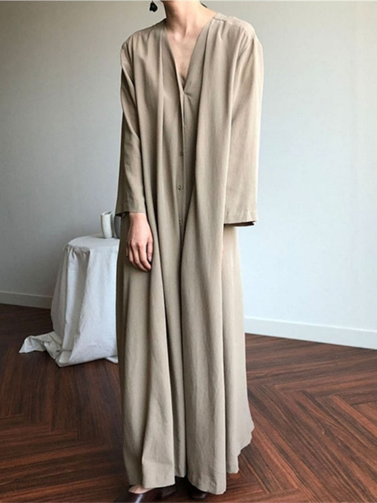 sixsr New  Lace Up Buttons Women Spring Summer Dresses Fashionable V-Neck Vintage Oversized Lady Pure Long Dress DR1150