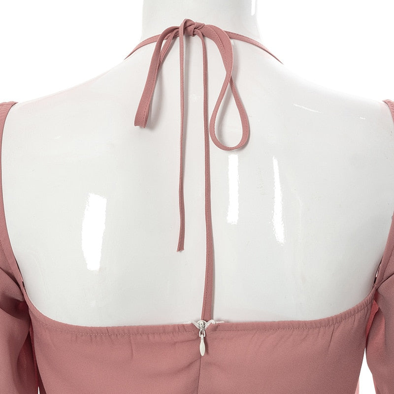 Sixsr Going Out Outfits Spring Elegant Cut Out Halter Bodycon Mini Dress Women Sexy Flare Long Sleeve Drawstring Backless Party Dresses