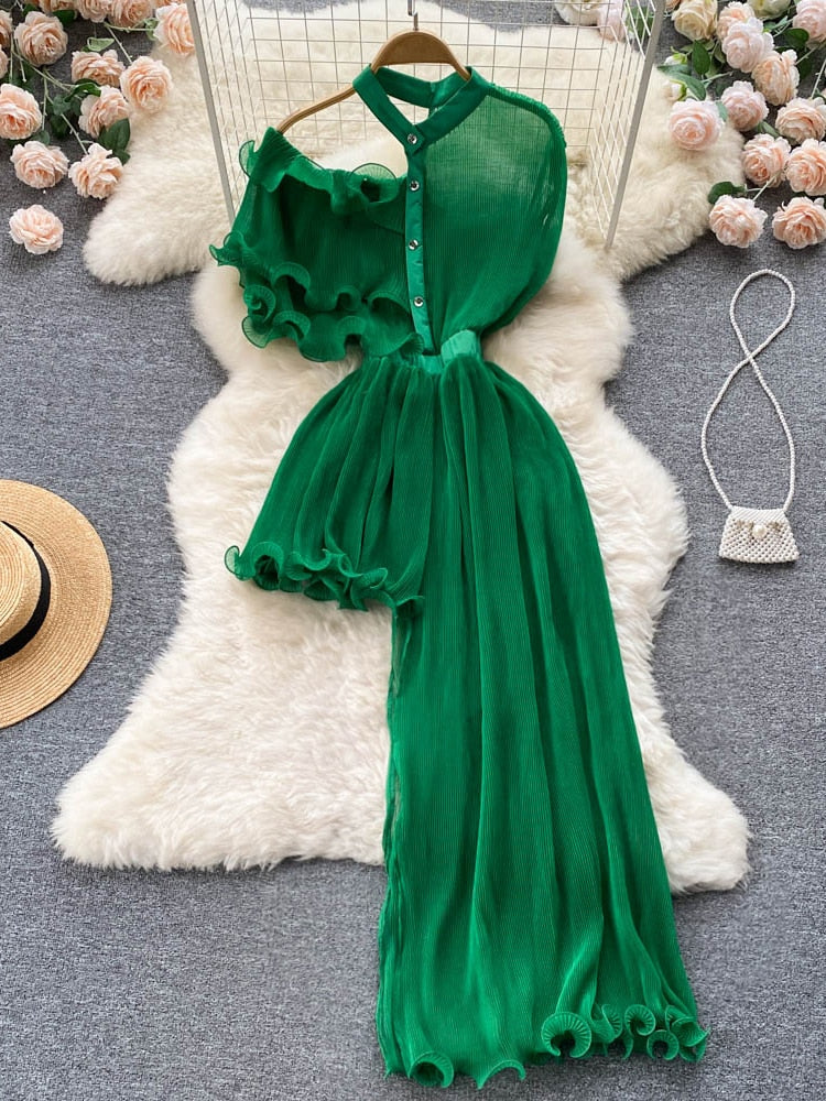 Summer Women Sexy Irregular Dress Elegant Female Ruffle Off Shoulder Slim High Waist Vestidos Green/White/Pink Robe New Fashion