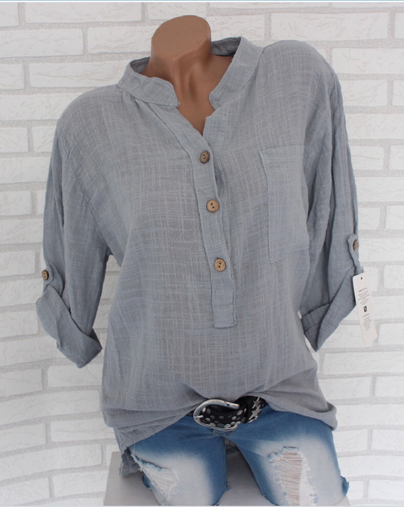 Sixsr Oversized Women Blouses Cotton Linen Blouse Autumn Shirts Casual Long Sleeve Button V Neck Loose Shirt Lady Tops Plus Size S-5XL