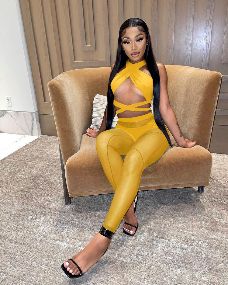 sixsr Womens Fashion 3 Pieces Set Bandage Lace Up Halter Crop Top Sheer Mesh Pants set Party Night Club Outfits Streetwear See Through Cloth