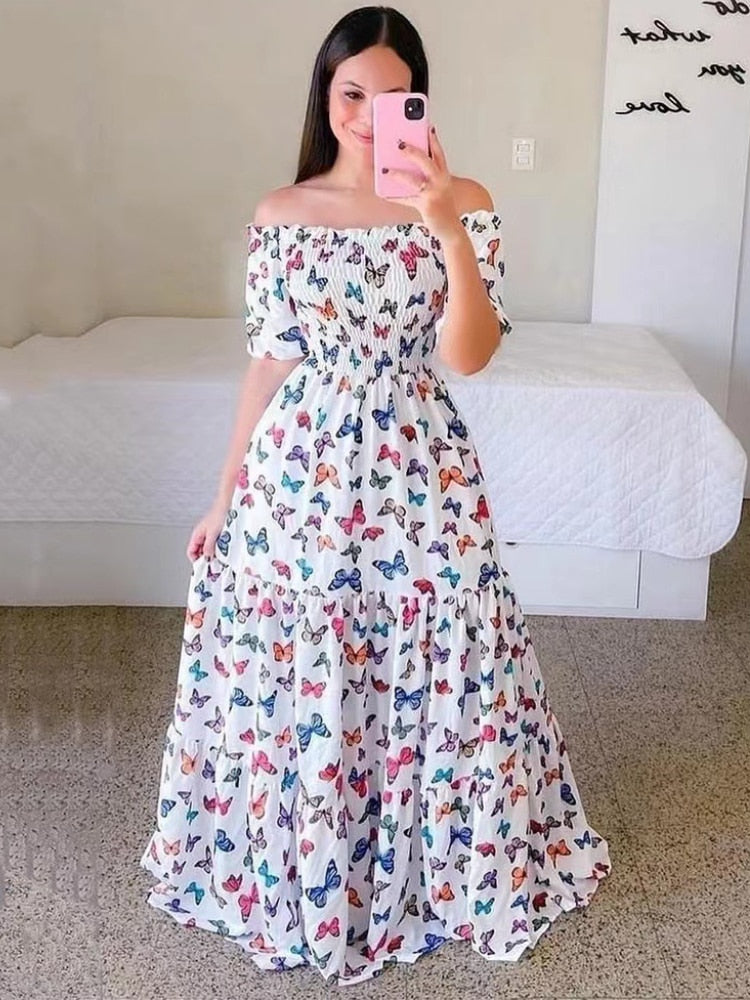 Women's Butterfly Summer Dress Tube Top Short Sleeve Ruffle Hem A Line Date Night Robes Vacation Bohemian Maxi Dresses XXXL