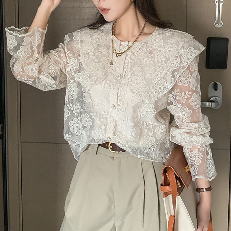 Lace Shirt for Women Ruffles Long Sleeve Peter Pan Collar Elegant Oversized Blouses Ladies Casual Button Up Top